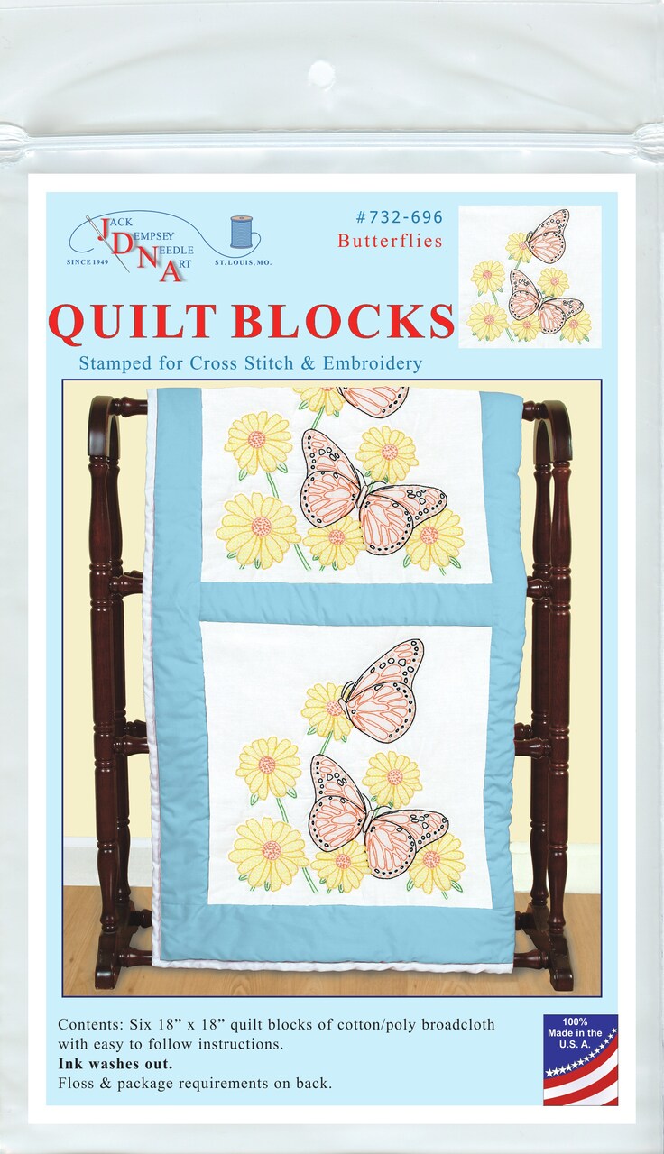 Jack Dempsey Stamped White Quilt Blocks 18"X18" 6/Pkg-Butterflies